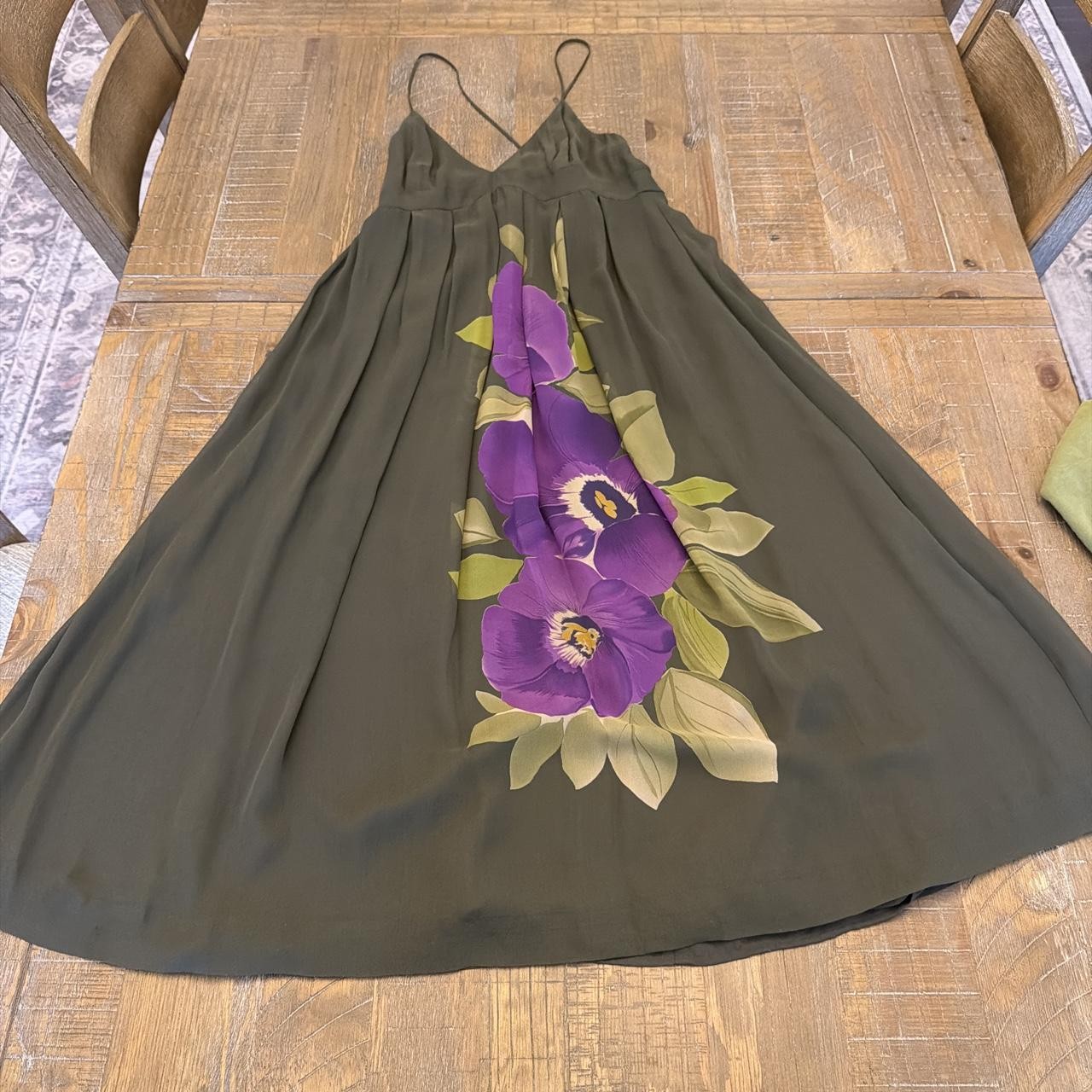 Ideology Olive Green Purple Floral Silk Dress Women Size 8 Empire Waist