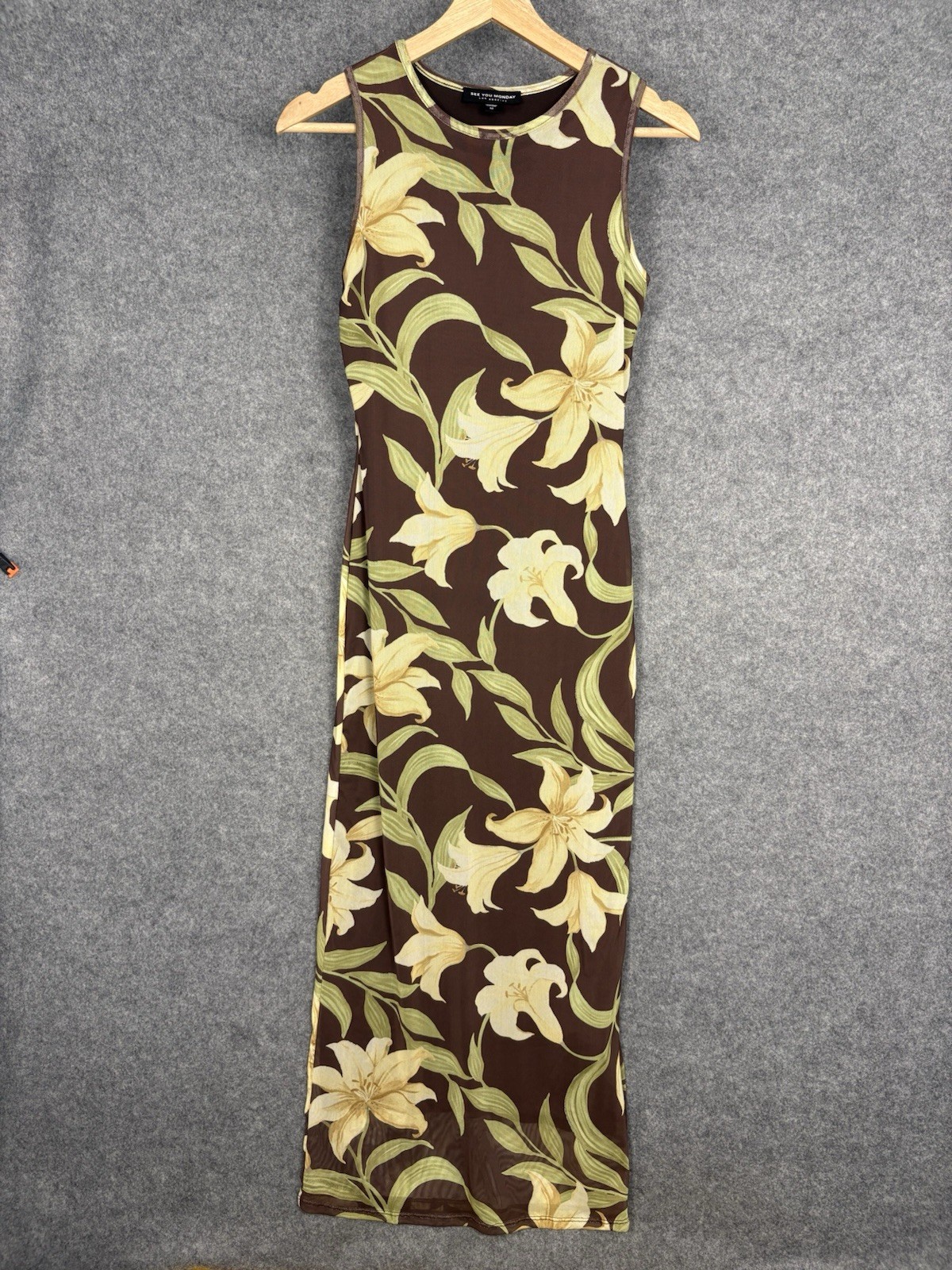 See You Monday Floral Mesh Maxi Dress Medium Brown Green Bodycon Sleeveless Y2K