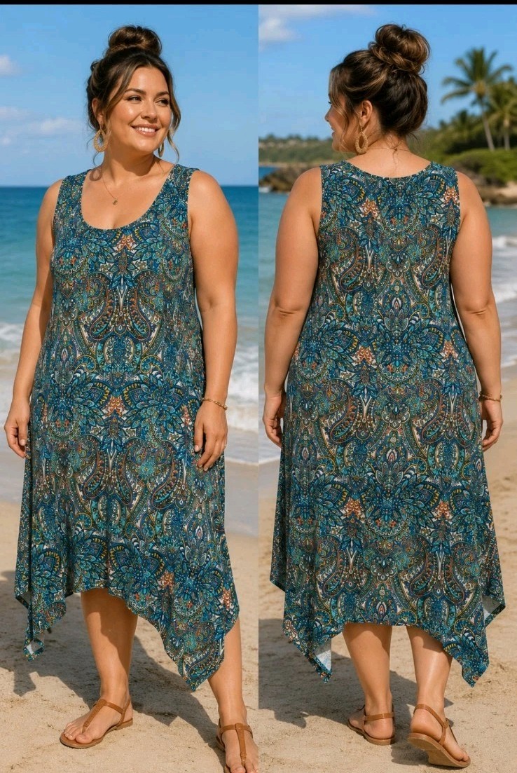 Lucky Brand Boho Sleeveless Swing Dress Stretchy Teal Paisley Midi Casual 2XL