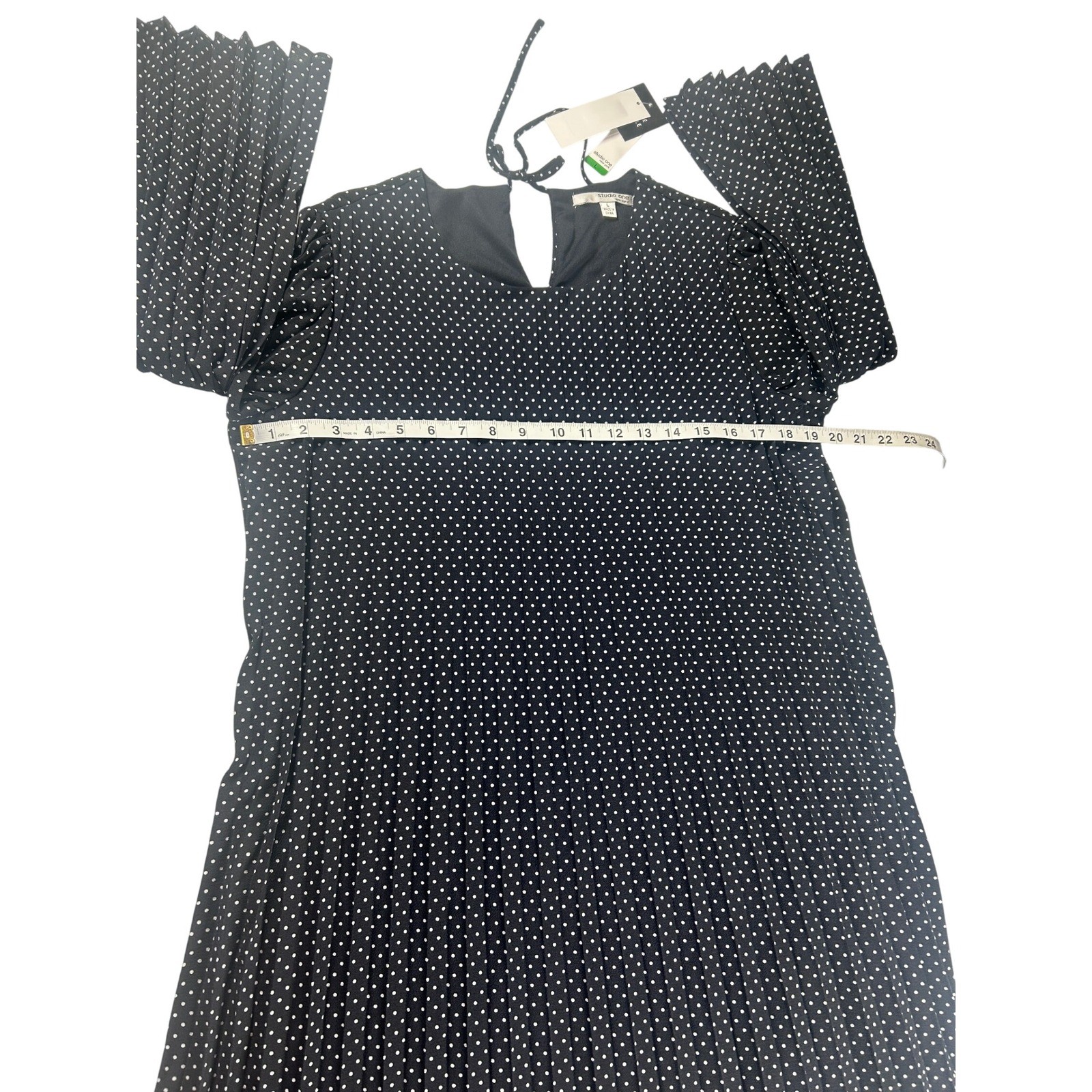Studio One New York Polka Dot Dress Navy Blue LS Tie Neck Pleated Hem Large New