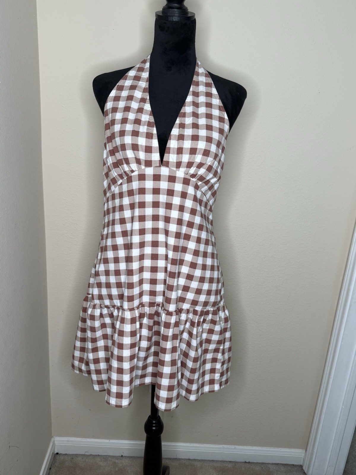 Free People Brown/White Gingham Halter Mini Sundress M Backless Ruffle Hem
