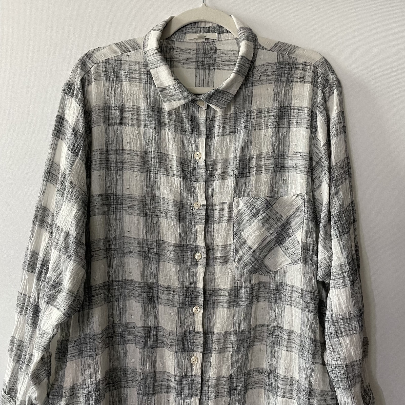 Easel Shirt Dress Plaid Long Sleeve Button Front Cotton Gray White Size S