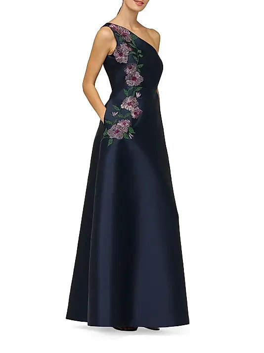 Kay Unger Midnight Blue Giada Embellished One-Shoulder A-Line Gown Size 10 $398