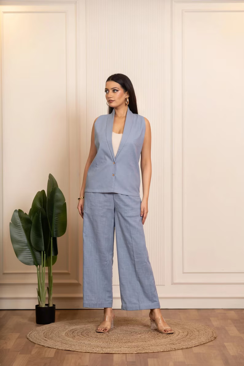 Baby Blue Cotton Slub Co-ord Sets Top & Palazzo Set Two-Piece Outfit dress