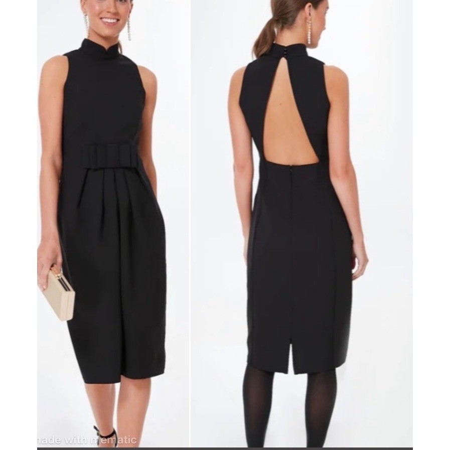 Tuckernuck Claudia Black High Neck Open Back Bow Front Sheath Dress Size L NWT