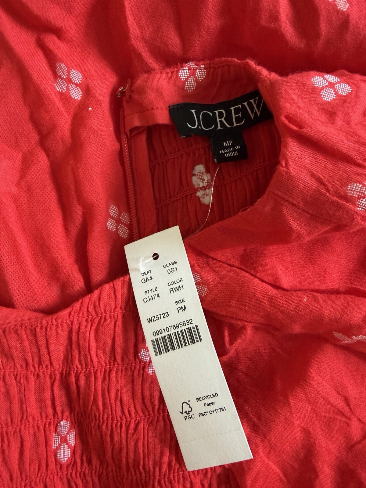J.Crew Red & White Floral Smocked V-Neck Puff Sleeve Maxi Dress Women MP