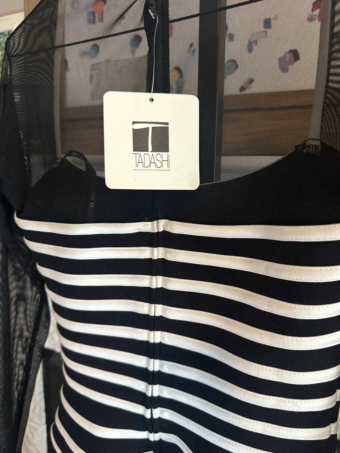 Vintage Tadashi Shoji Black &White Striped Long Sheer Sleeve Mini Dress