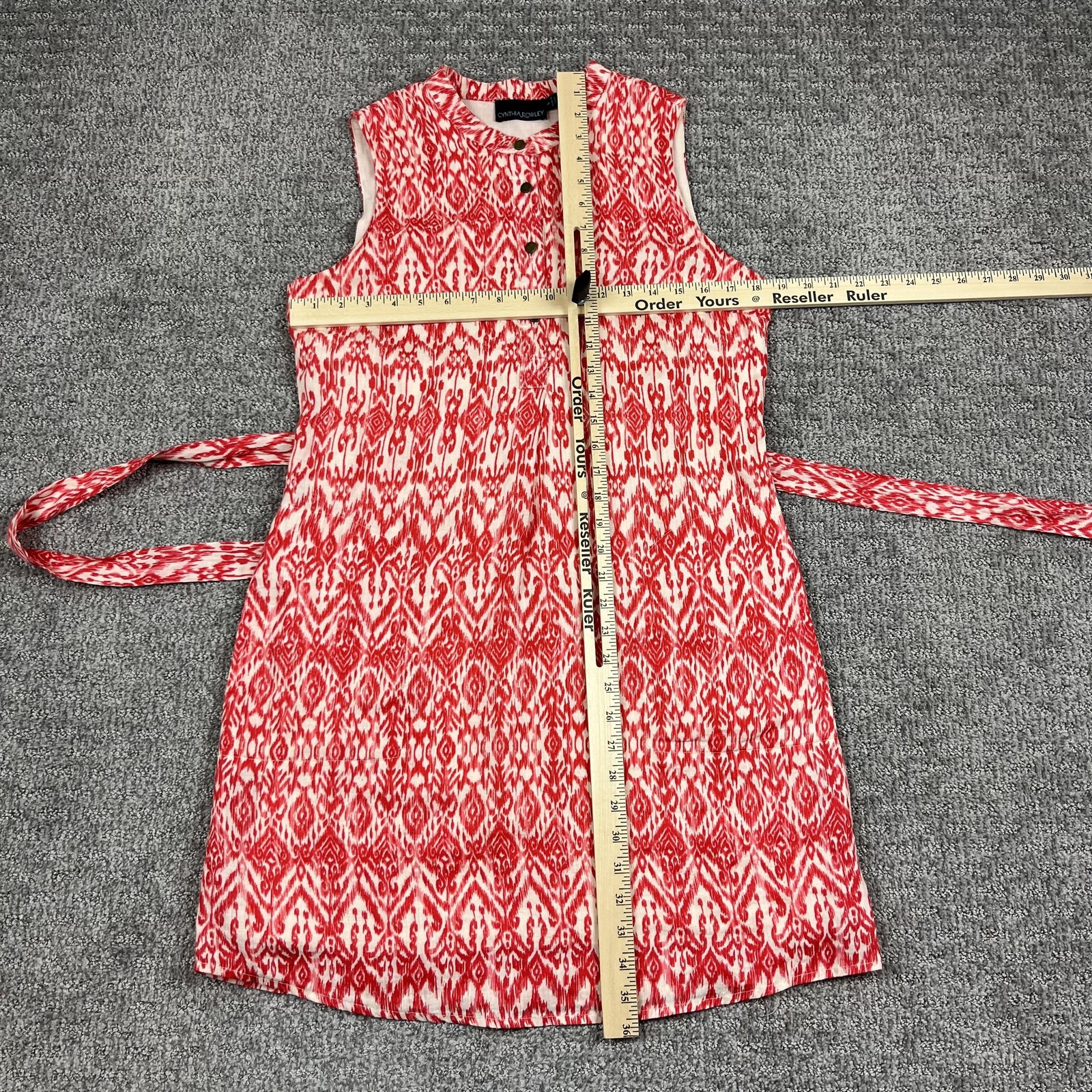 Cynthia Rowley Dress Womens 6 Red White Ikat Linen Sleeveless Belted Pockets