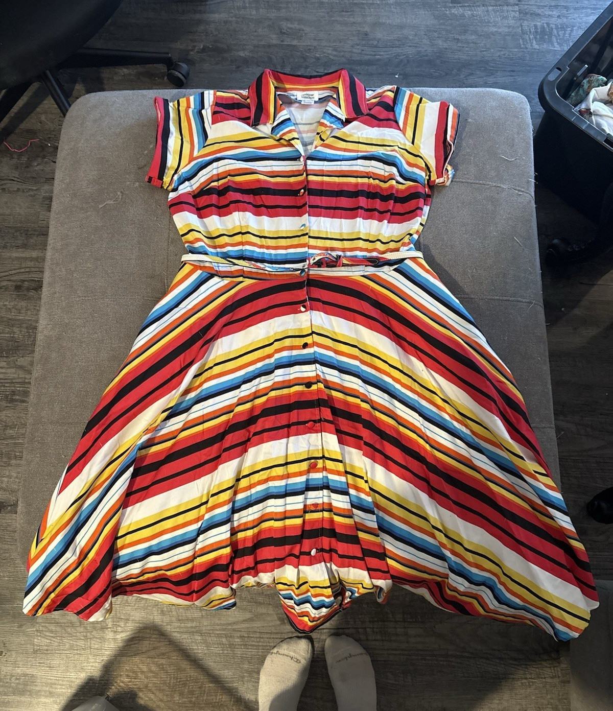 Unique Vintage Multicolor Striped Collared Button-Front Fit & Flare Dress 2XL