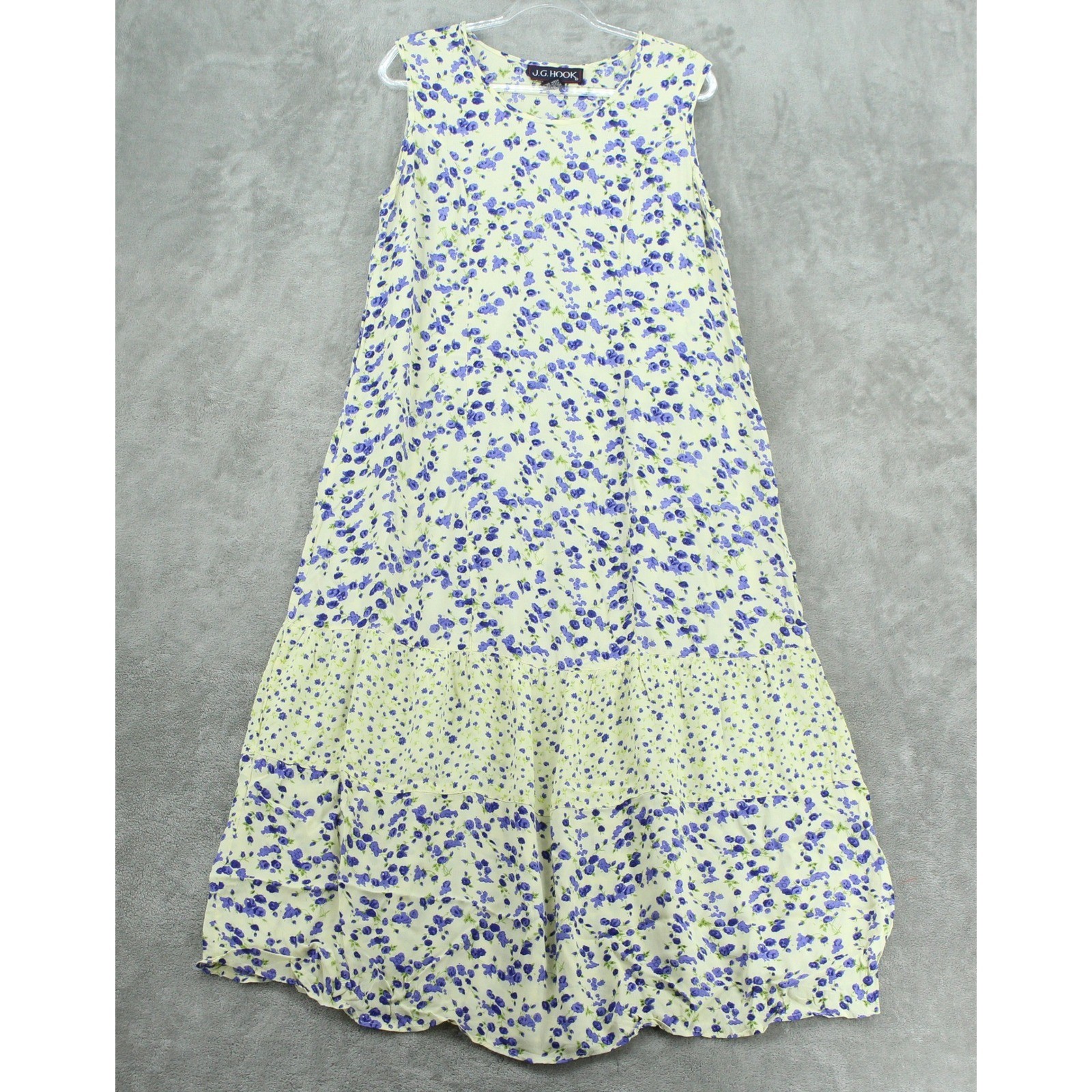 Vintage JG Hook Dress Women Medium Ditsy Floral Tiered Modest Maxi Boho Purple