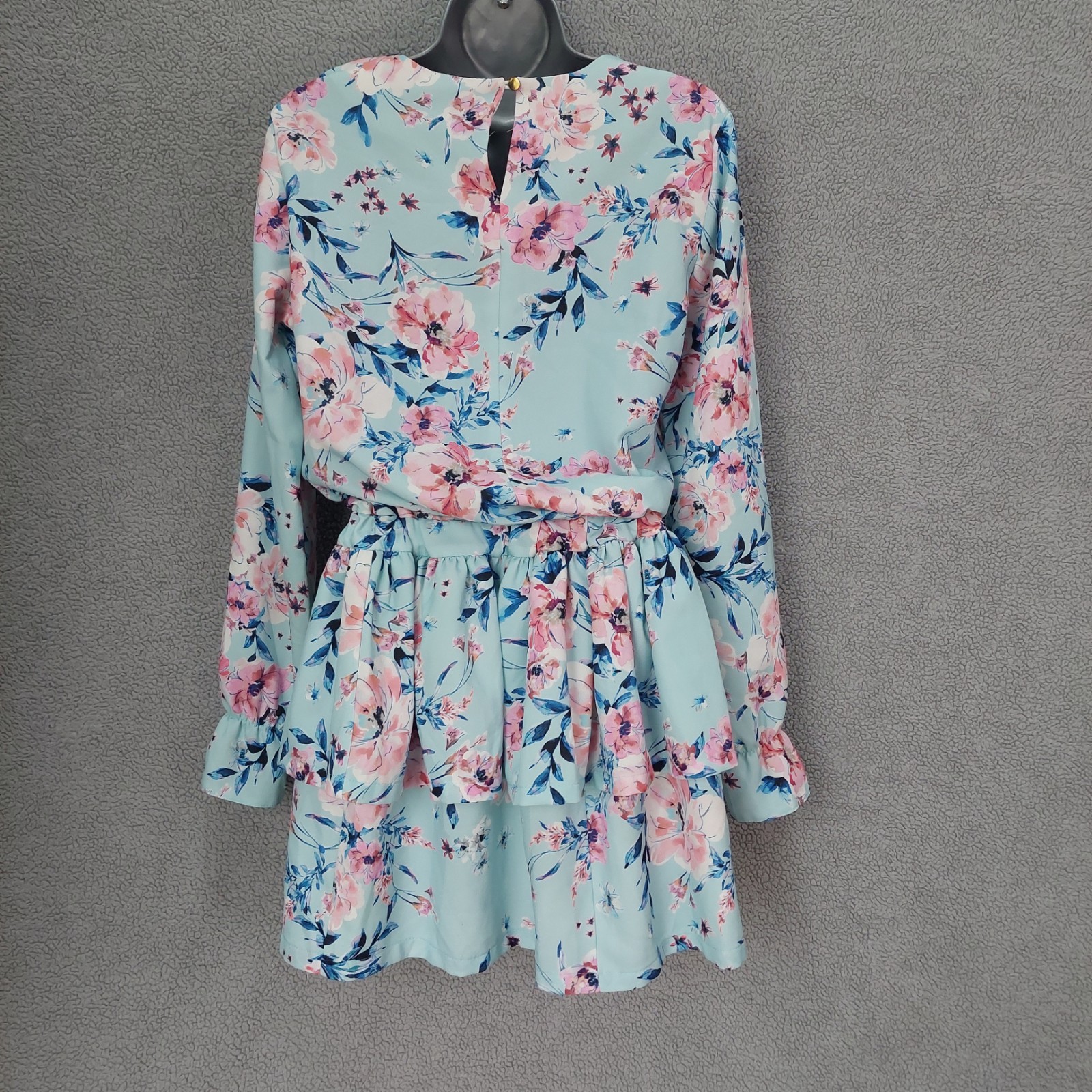 Ladies UK 10 Pale Blue Pink Floral Tiered Peplum Mini Dress Summer Boho light