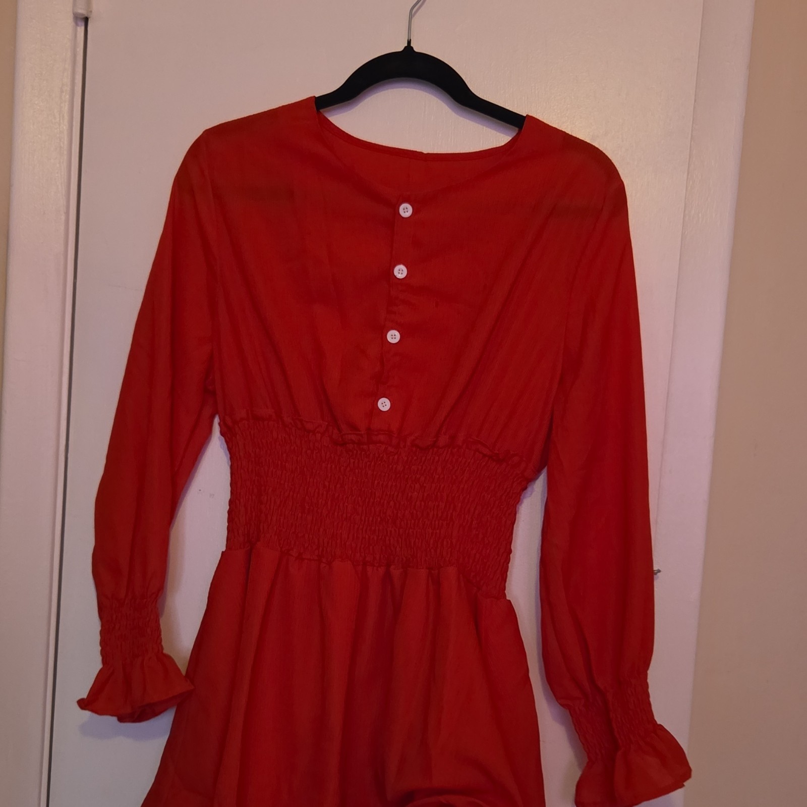 Women’s Red Round Neck Long Sleeve Smocked Waist Button Front Short Dress S