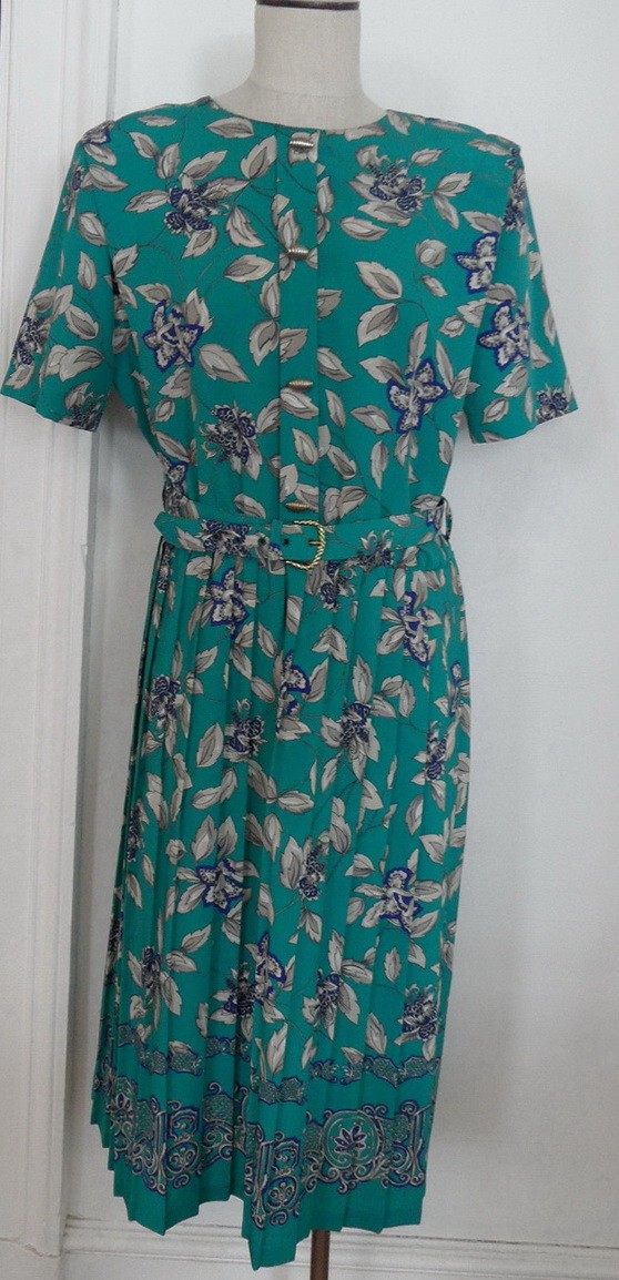 Vintage BENTLEY 1980’s-1990’s Blue Teal Floral Secretary S/S Pleated Dress Sz M