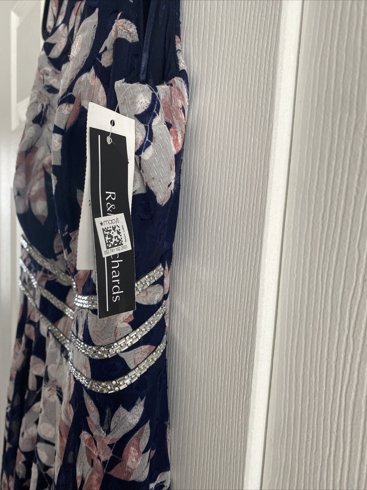 R&M Richards High-Low Floral Gown Womens Size 6 Navy Silver Rhinestone Dress NEW