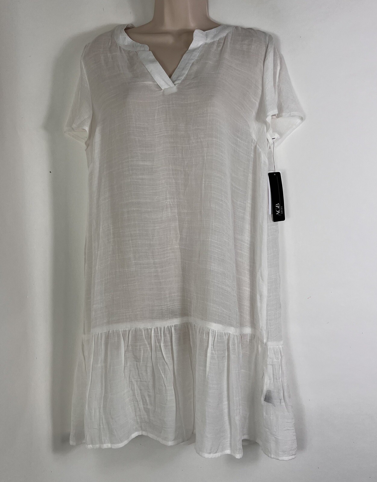 New AGB Dress Women’s Small Short Sleeve Above Knee White Sheer Tunic V Neck NWT