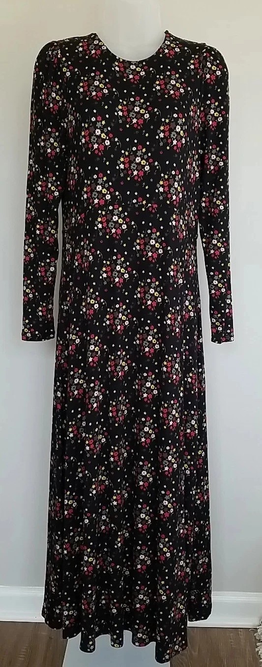 Boden Crew Neck Jersey Midi Dress US 6L 6 Black Floral Clusters Red Green Yellow