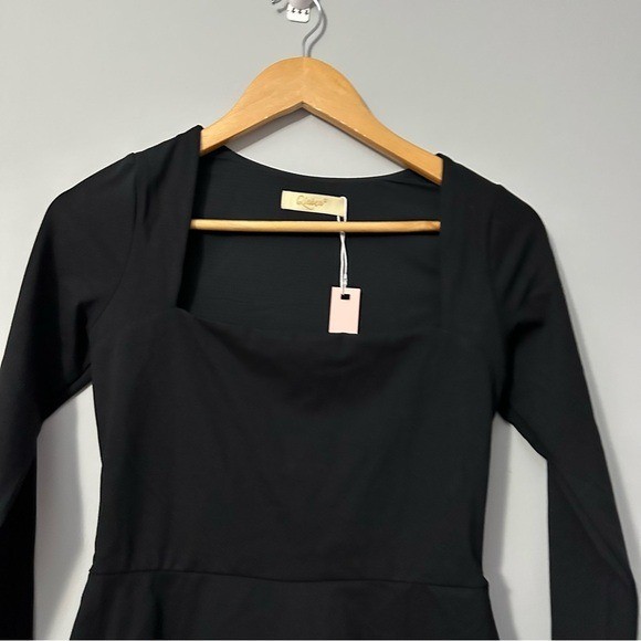 Qinsen Black Golfcore Mini Dress Long Sleeve Square Neck Fit Flare M Prepy Golf