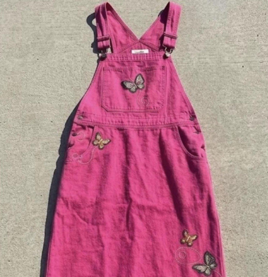 Mandala Bay Pink Denim Butterfly Embroidered Sleeveless Overall Dress S