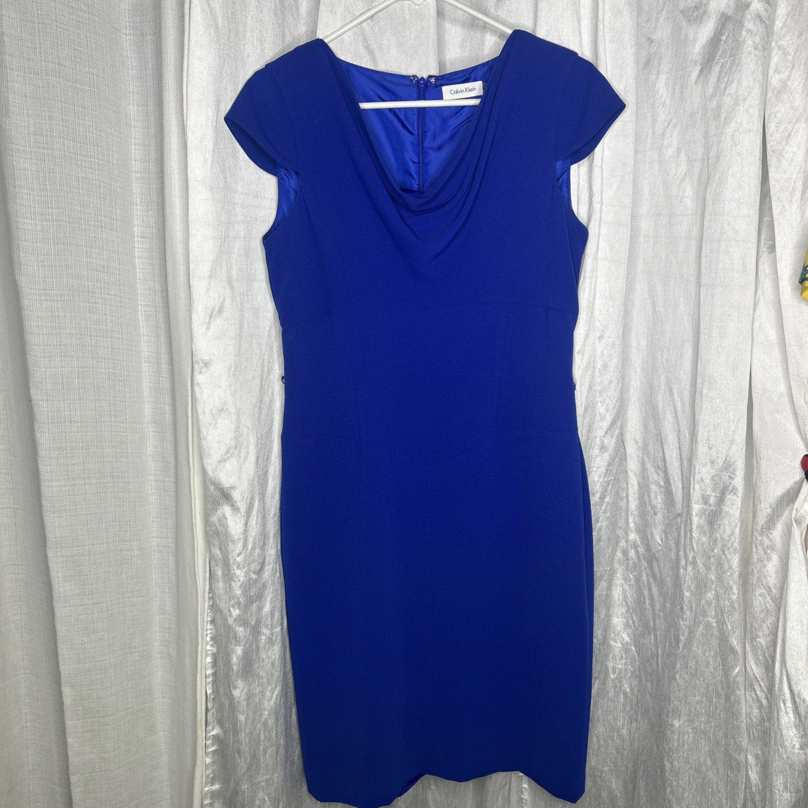 Calvin Klein Women’s Blue Cowl Neck Sheath Dress Size 8 Elegant Career Cocktail