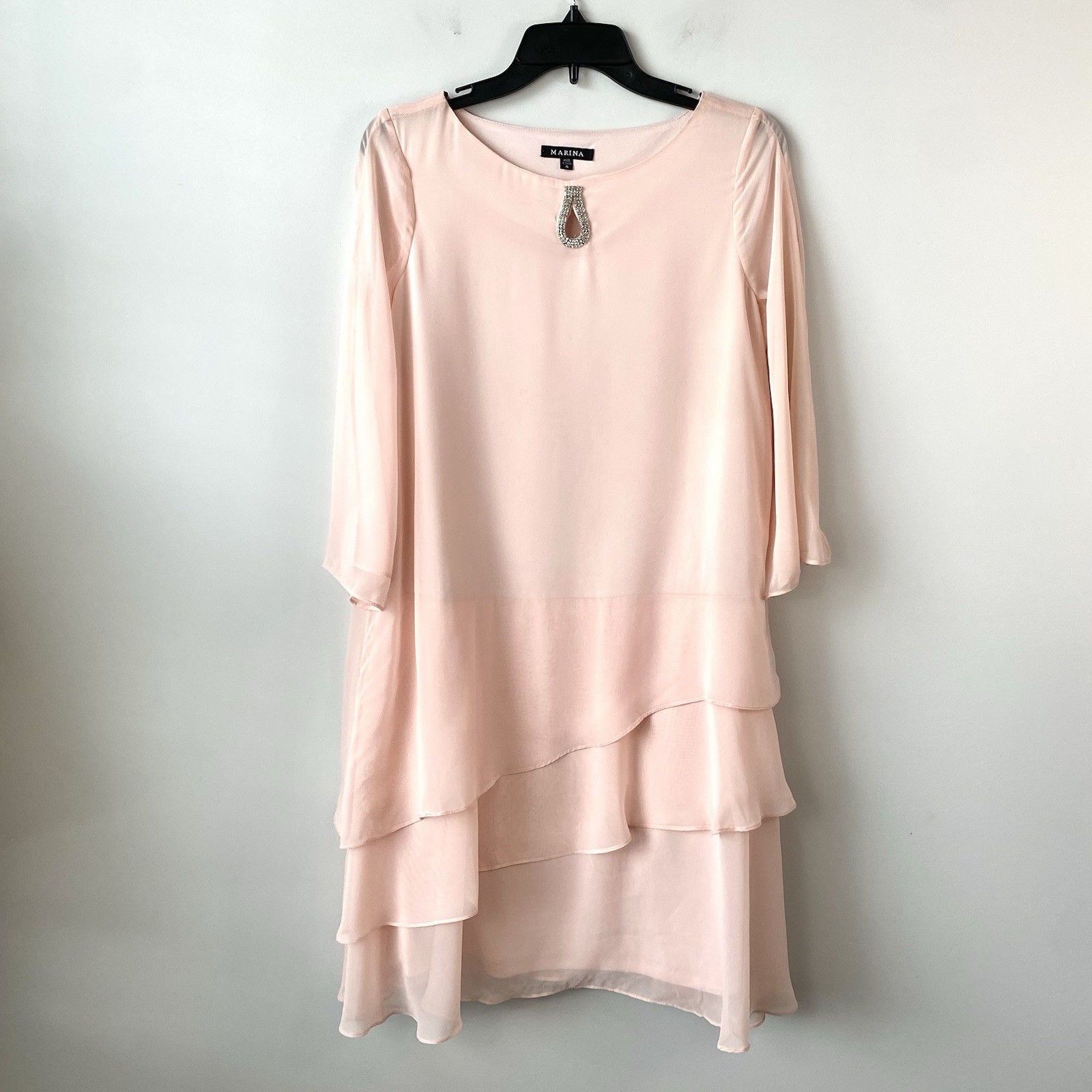 Marina Tiered Ruffle Shift Dress Rhinestone Keyhole Blush Pink 4