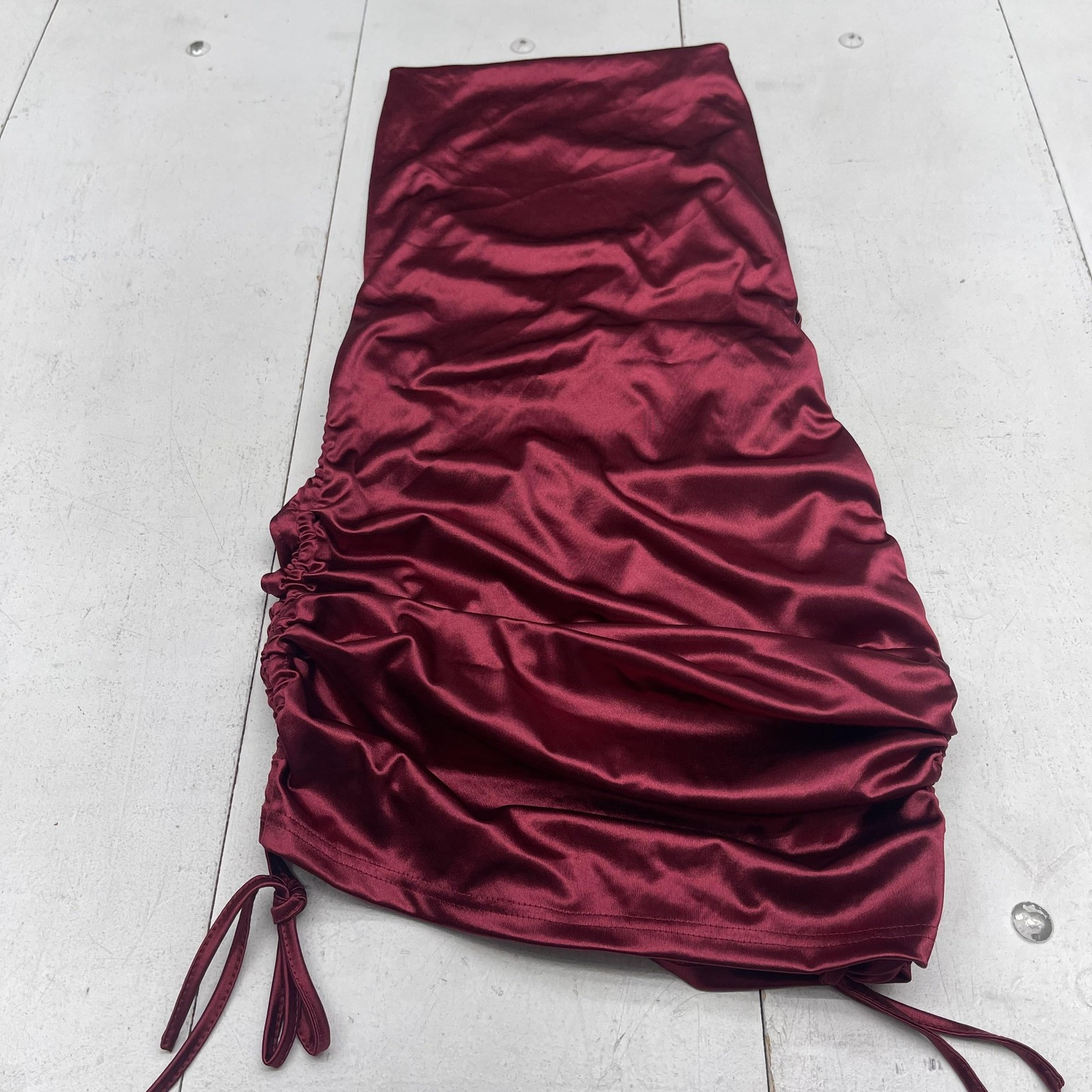 Ruched Satin Dress Womens Medium Burgundy Bodycon Mini Spaghetti Straps Party