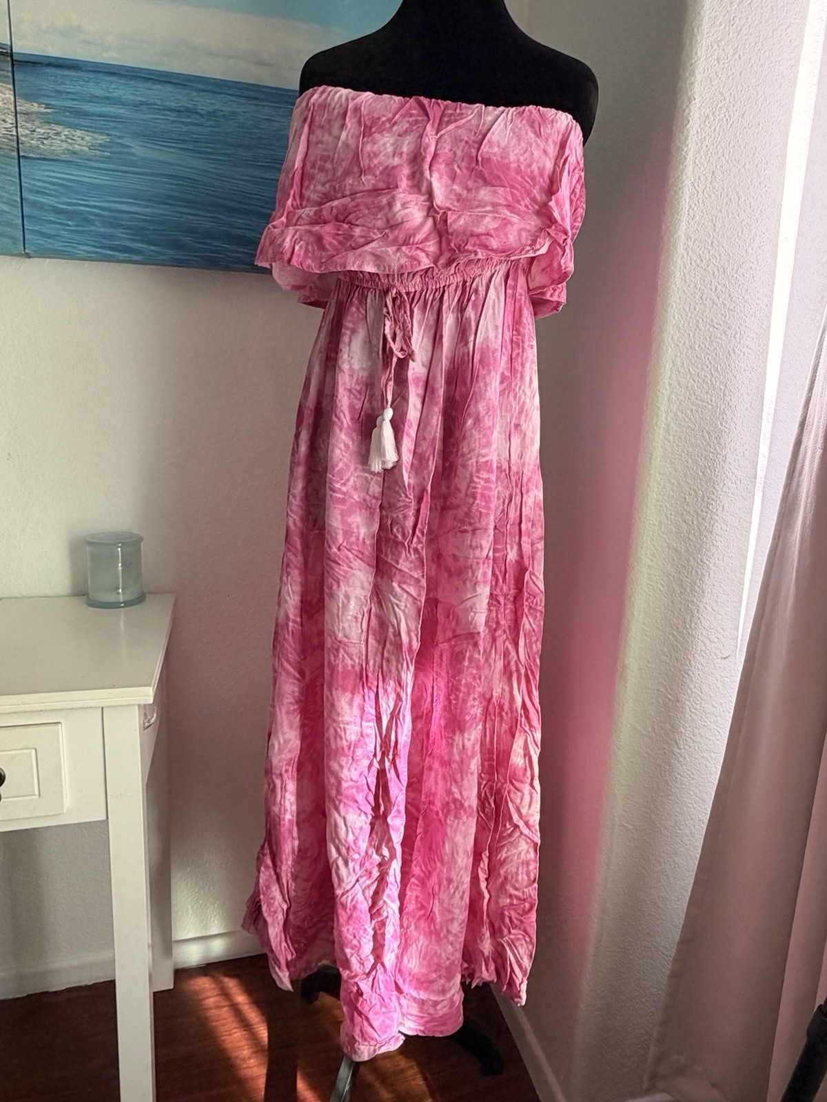 Japna Pink Tie Dye Strapless Maxi Dress M 100% Rayon Tasseled Drawstring
