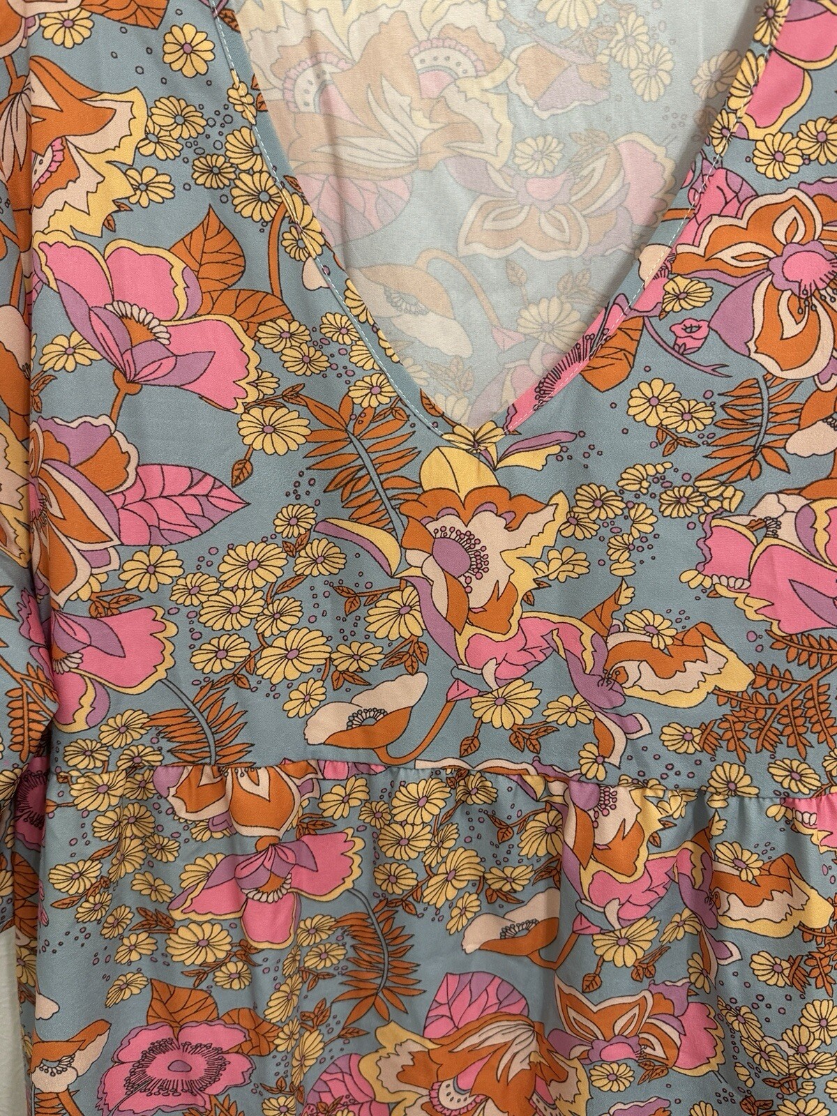 60s style dress womens XXL blue with pink flowers V-neck polyester (T1650D)