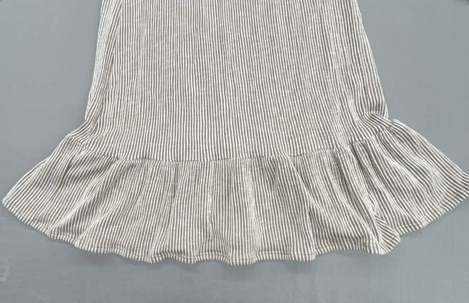 Faux Wrap Dress M Brown White Stripe Ribbed Ruffle Stretch Coastal Cottage Boho