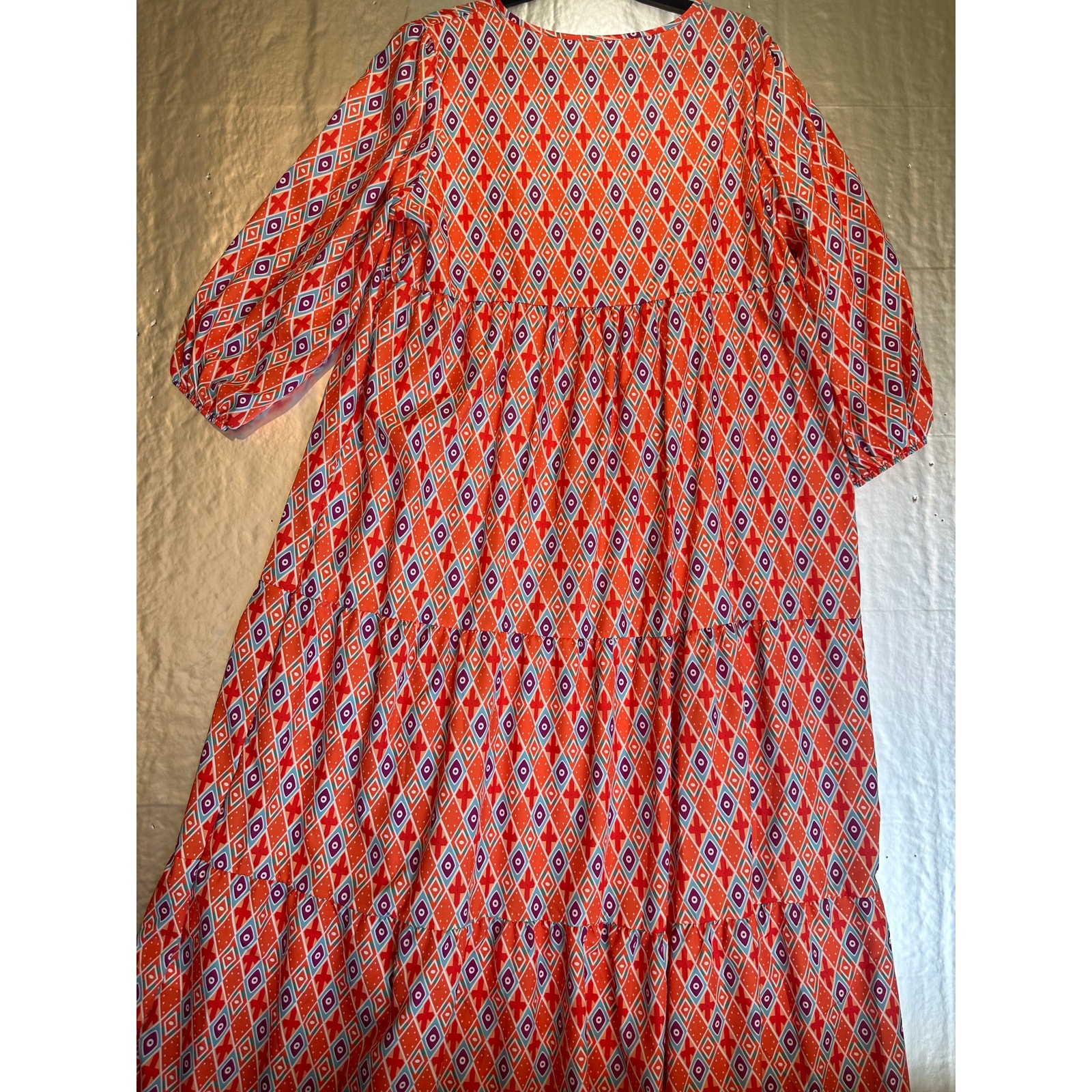 Women’s Boho Midi Dress XXL Orange Geometric Tiered 3/4 Sleeve NWOT