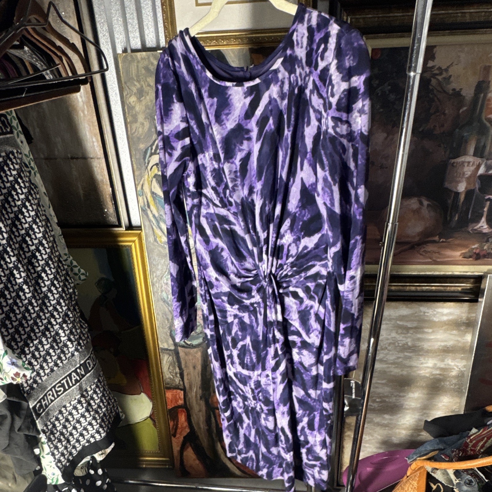 Jones New York Purple/Black Animal Print A-Line Knee Dress 8 Long Sleeve NWT