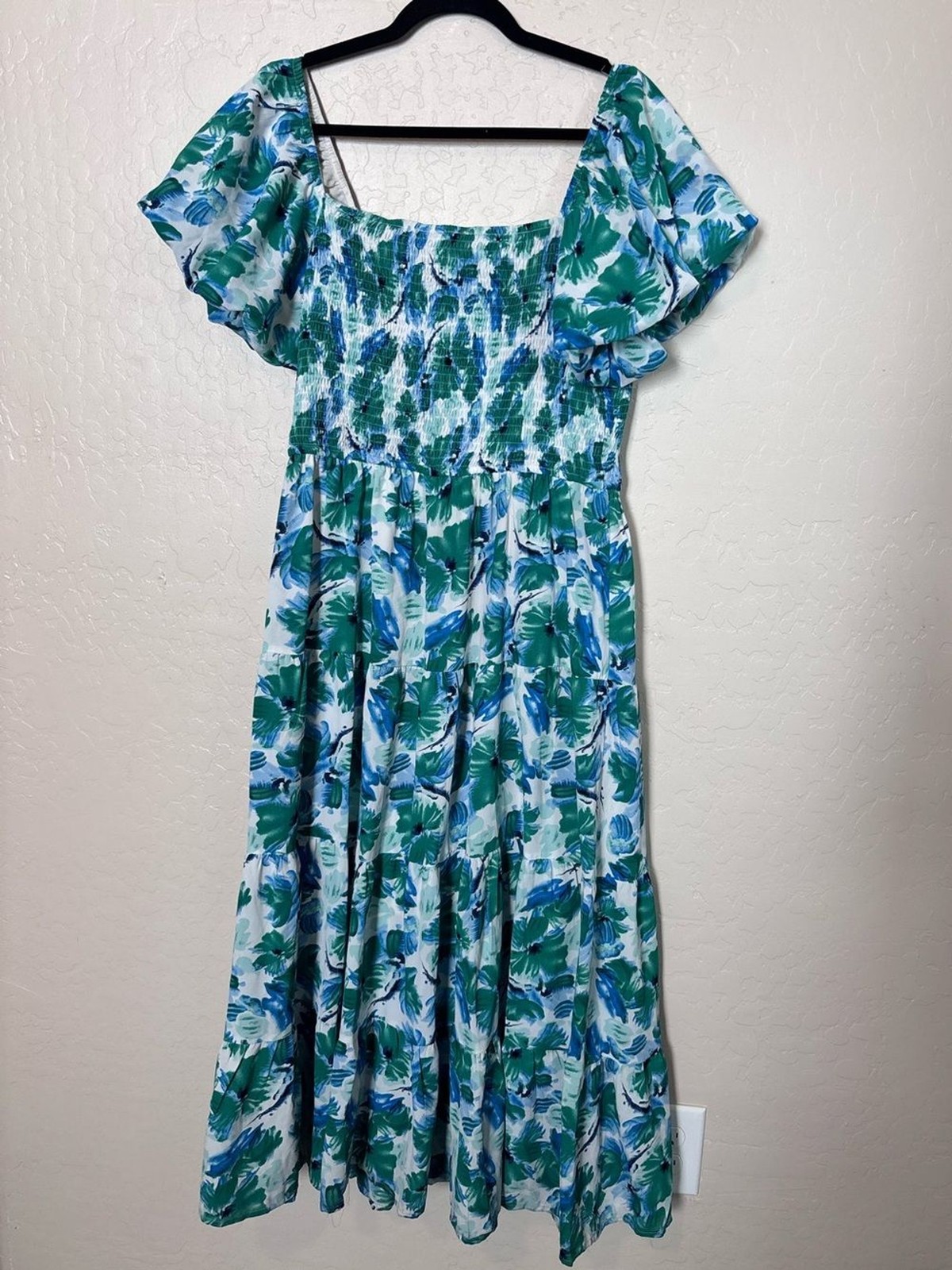 PrettyGarden Floral Smocked Midi Dress Womens Large Blue Green Puff Sleeve
