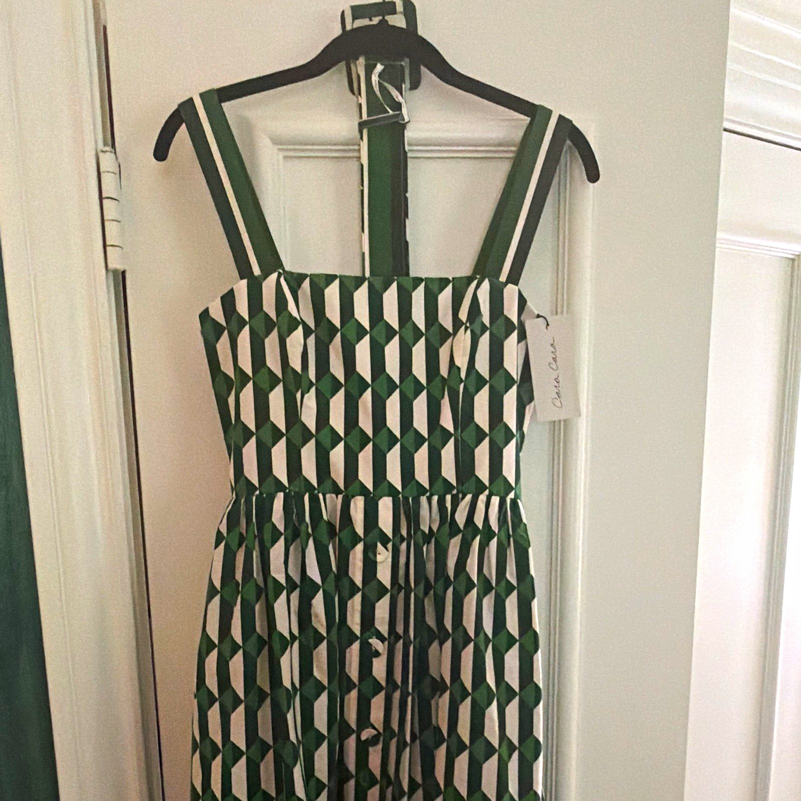 Cara Cara Green/White Geometric Smocked Square Neck Sleeveless Midi Sundress S