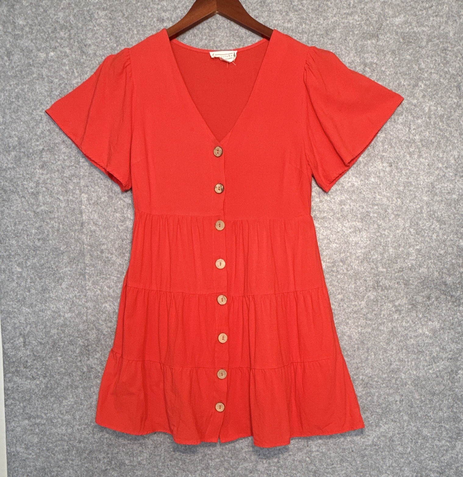 Loveriche Women’s Red Solid V-Neck Flutter Sleeve Button Tiered Mini Dress S