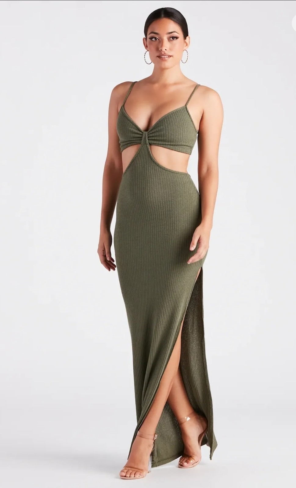 NWT Windsor Olive green maxi dress with cutout detail and side slit. Size: S