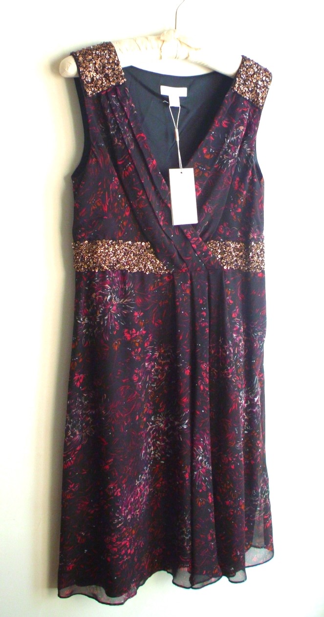BNWT MONSOON Black/Pink/Floral Wrap Style Floaty Dress Hand Beaded UK Size 12