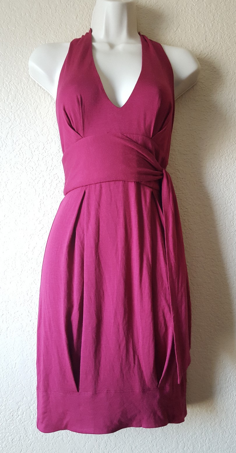LaRok Jersey Knit Halter Pleated Cutout Mini Dress Burgundy Red New I031 $120