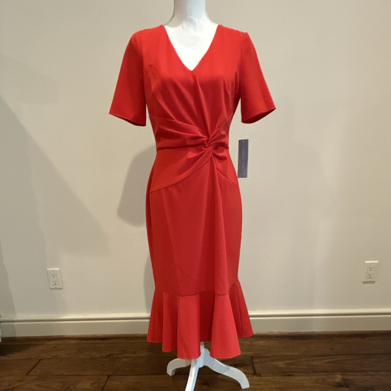 London Times Red Solid Sheath Midi Dress V-Neck Short Sleeve Zip 6