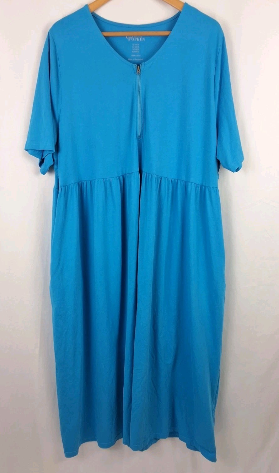 Ulla Popken Empire A Line Cotton Dress Zip Front Side Pockets Blue Sz-US 24/26