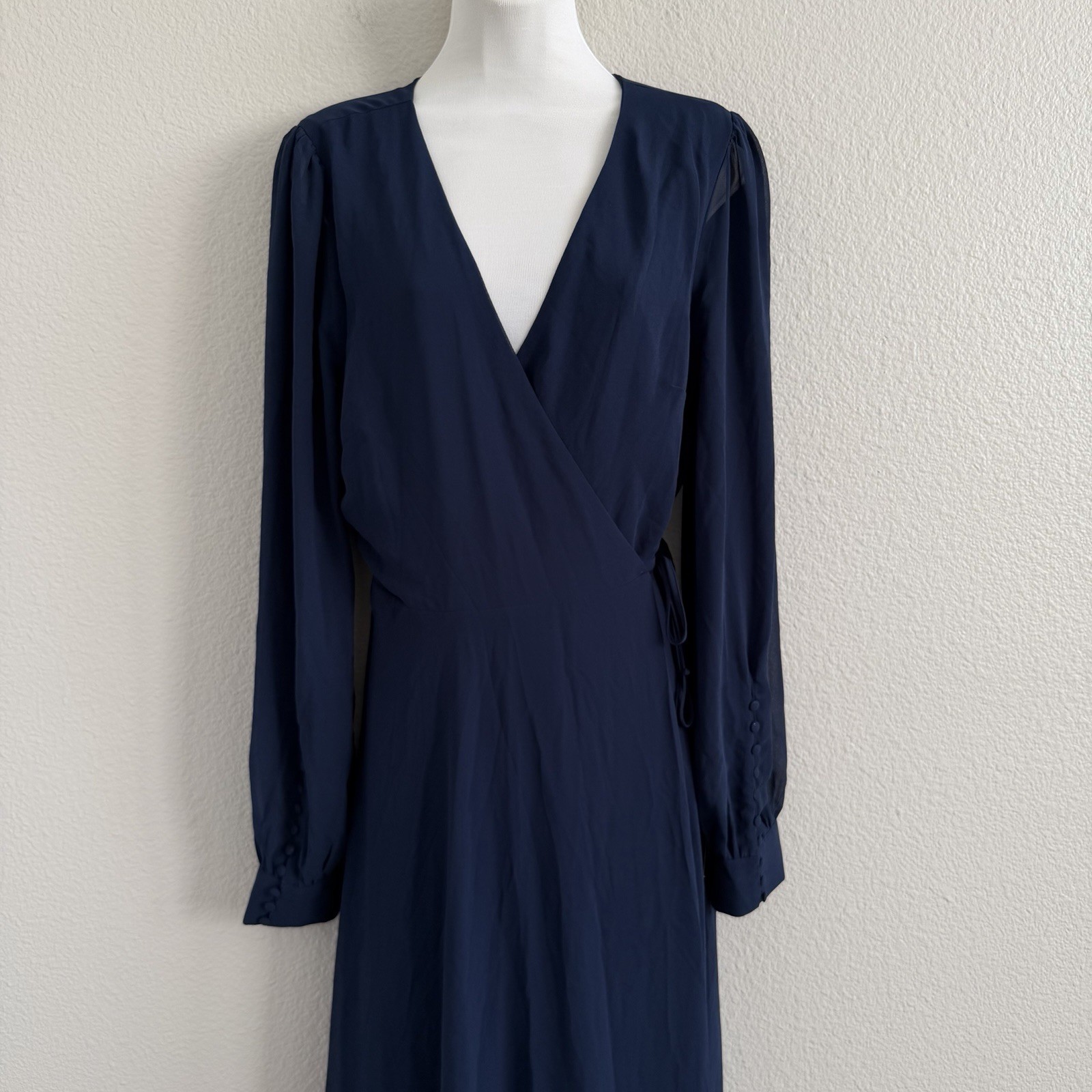 Lulus Navy XL Maxi Wrap Evening Dress Gown NWT Sheer Bishop Sleeves Button Cuff