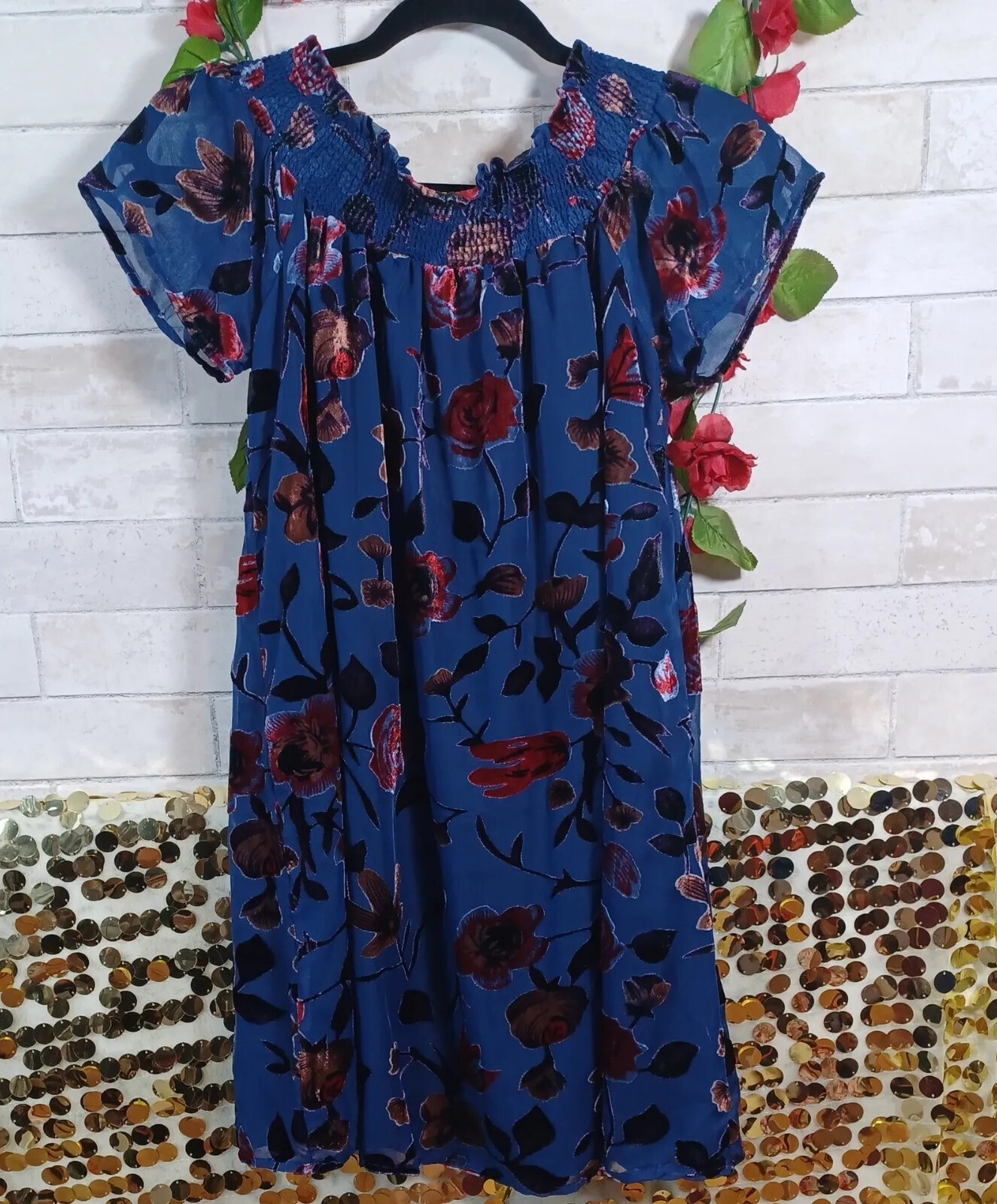 En Creme Size S Short Mini Velvet Burnout Roses Dress Navy