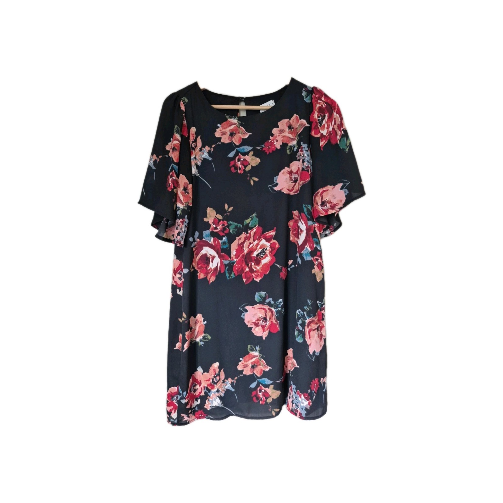 Everly Women Black Dress Small Floral Print 3/4 Sleeves Round Neck Layered