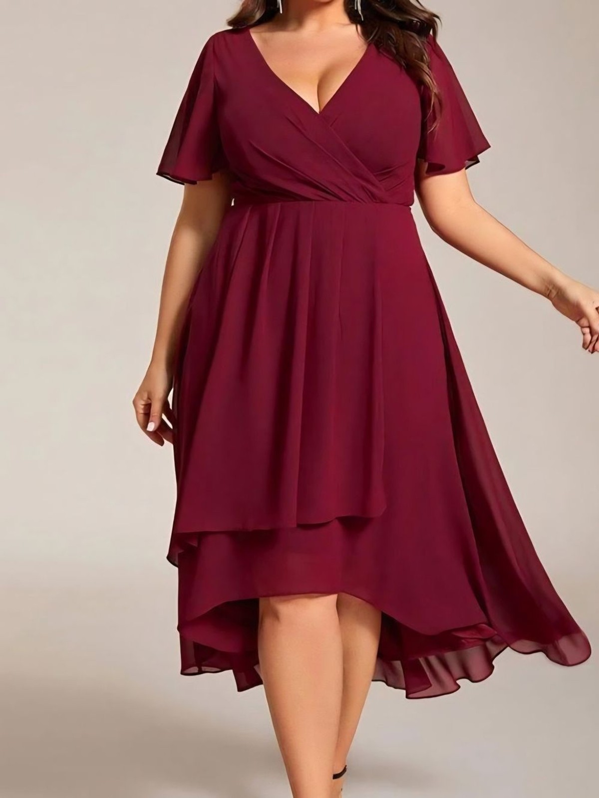Ever Pretty Burgundy V-Neck Flutter Sleeve Hi-Lo Midi Dress