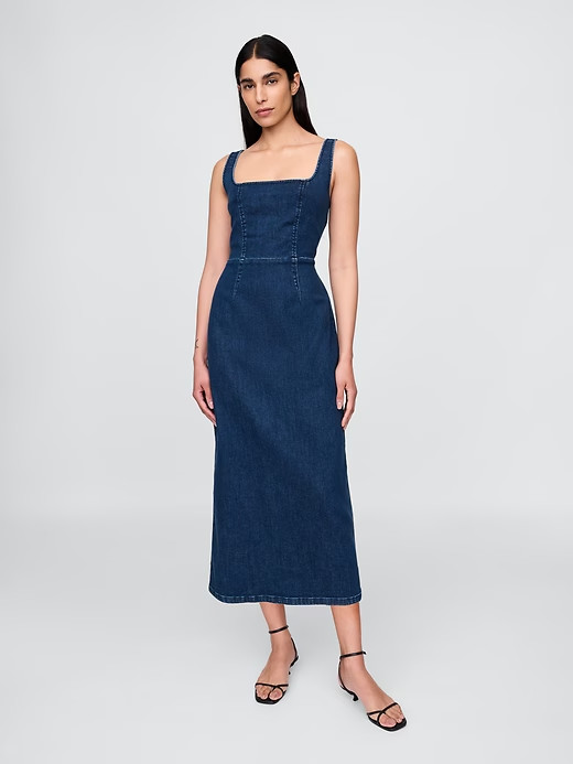 Gap S TALL Denim Bodycon Midi Dress Medium Wash ST #779510
