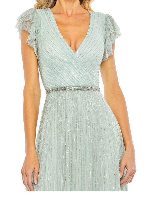 MAC DUGGAL 5502 SEQUINED WRAP OVER RUFFLED CAP SLEEVE SEAMIST GOWN sz 16
