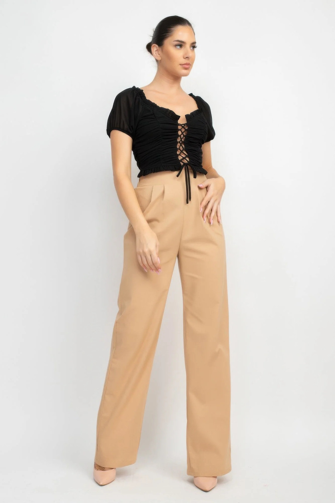 Back Shirred Ruffled Lace-up Crop Top – Women’s Online Clothing