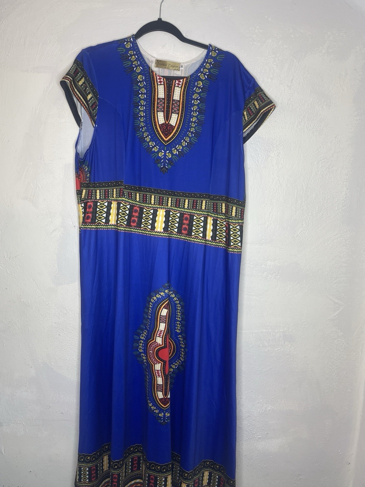 Jessica Taylor Women’s XL Blue Tribal Dashiki Maxi Dress Boho Ethnic Resort Plus