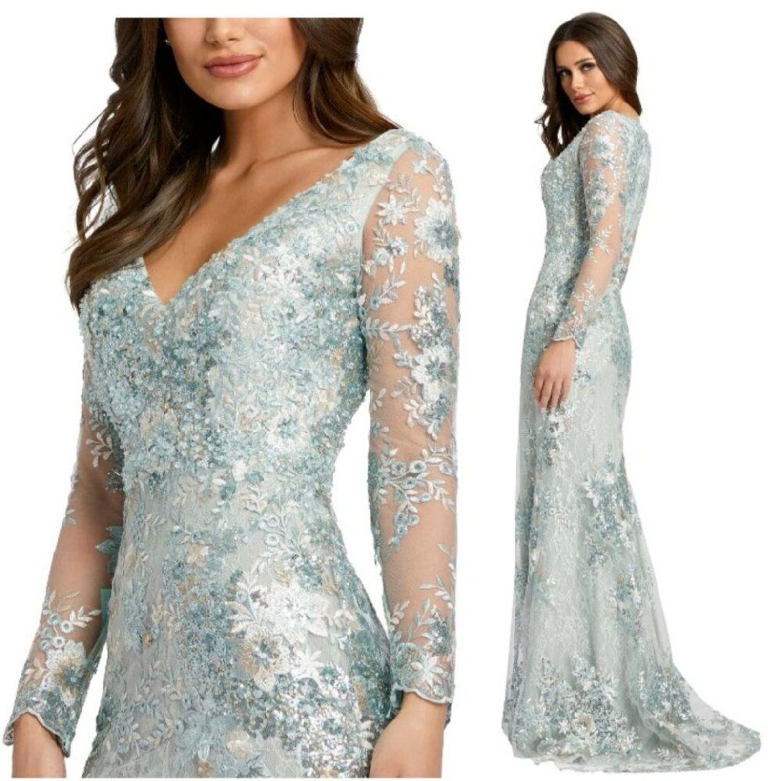 NWT MAC DUGGAL EMBELLISHED V‎ NECK ILLUSION LONG SLEEVE GOWN 67539 SEA MIST