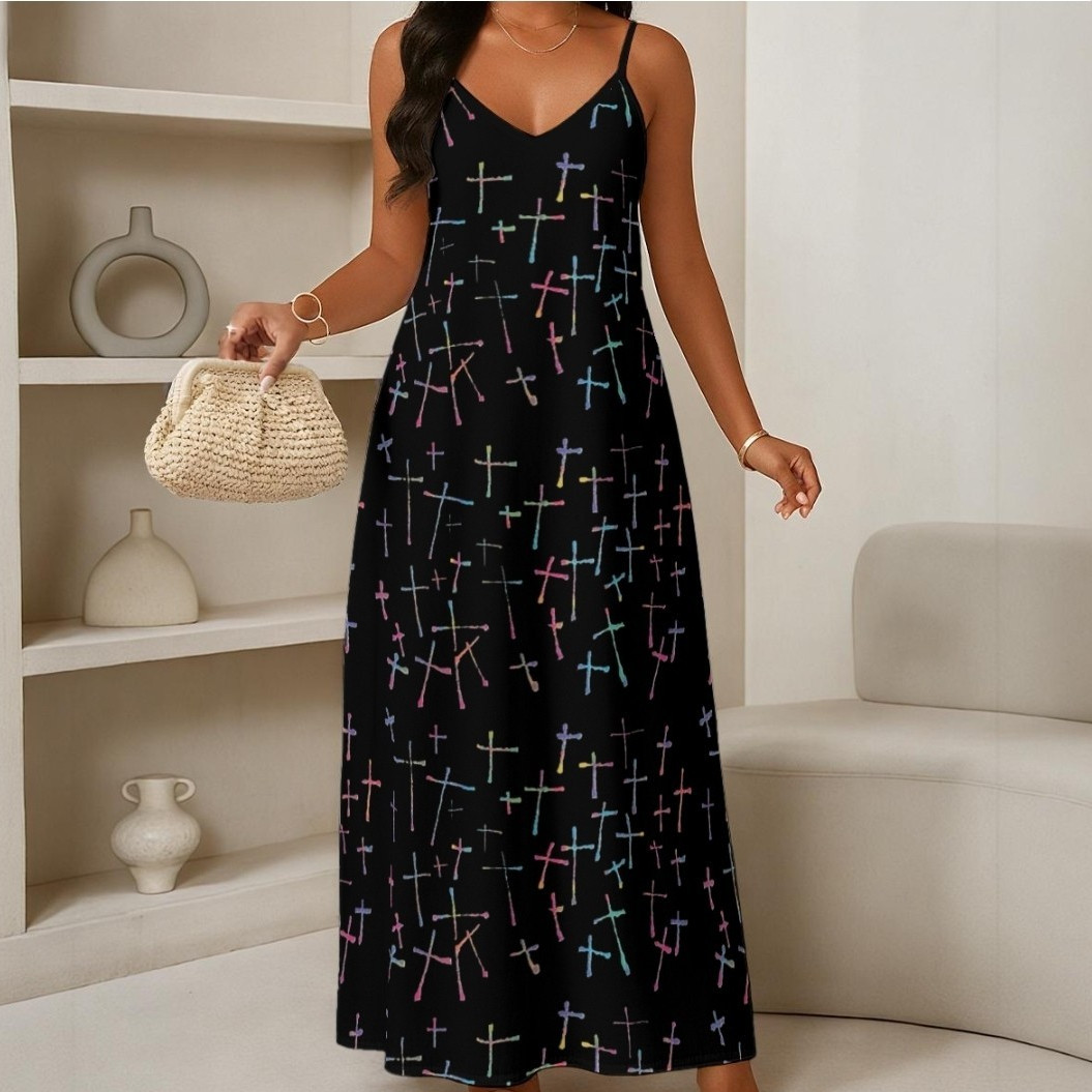 Black Multicolor Geometric V-Neck Spaghetti Strap Maxi Dress Pullover Size L