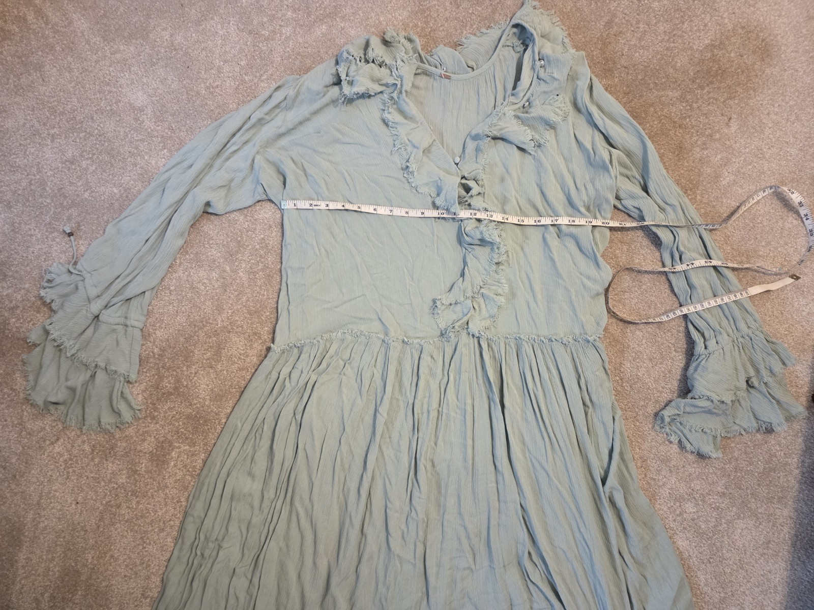 Free People Sage Green Crinkle Ruffle Maxi Dress Long Sleeve Boho Tiered Gauze