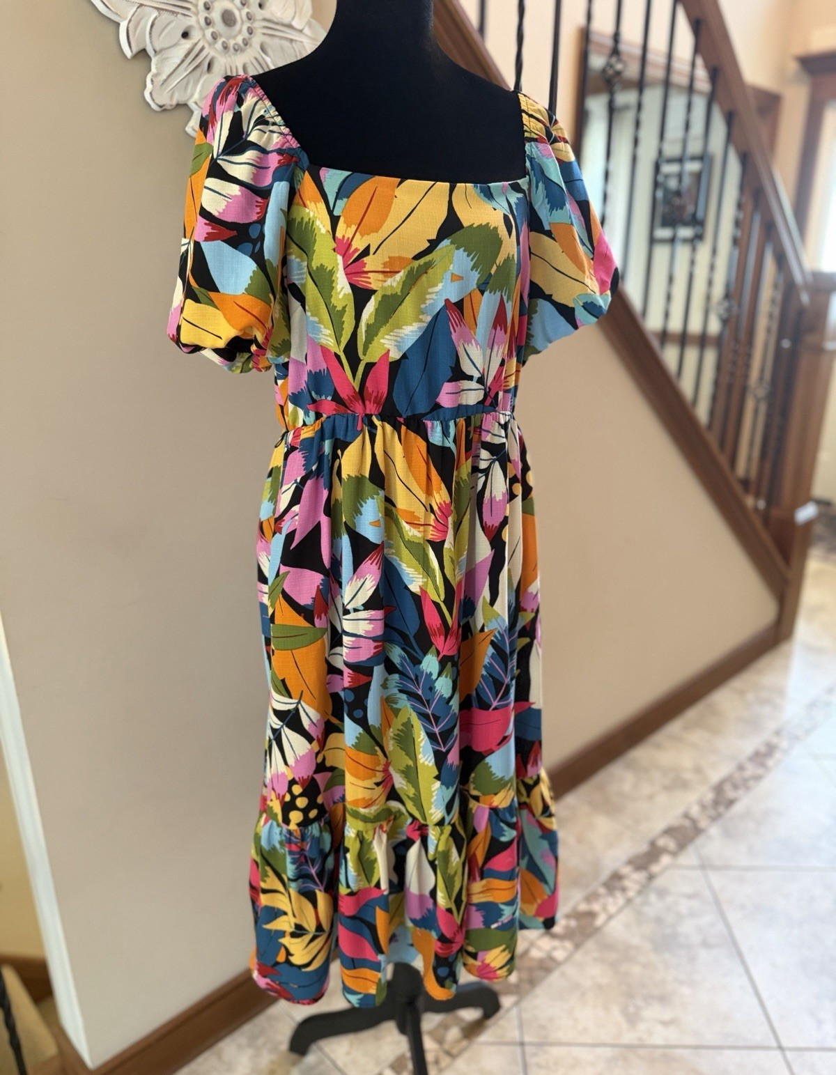 Maia Dress Multicolor Floral Midi A-Line Square Neck Smocked Puff Sleeve 8